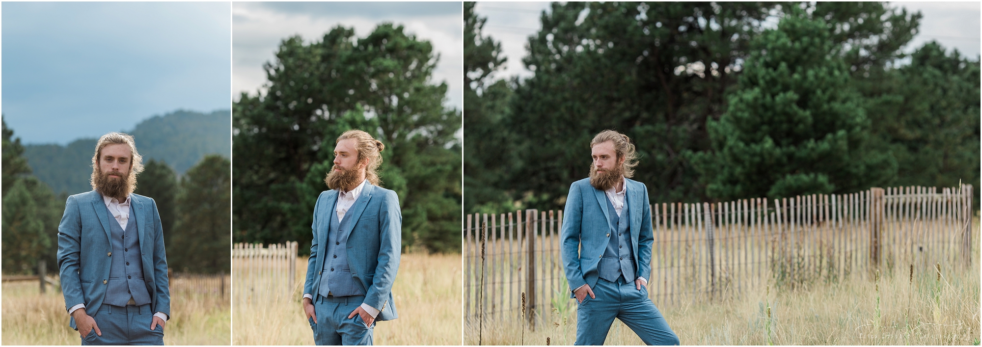 A stunning blue suit worn by this indie groom at his Colorado free-spirited wedding styled shoot. 