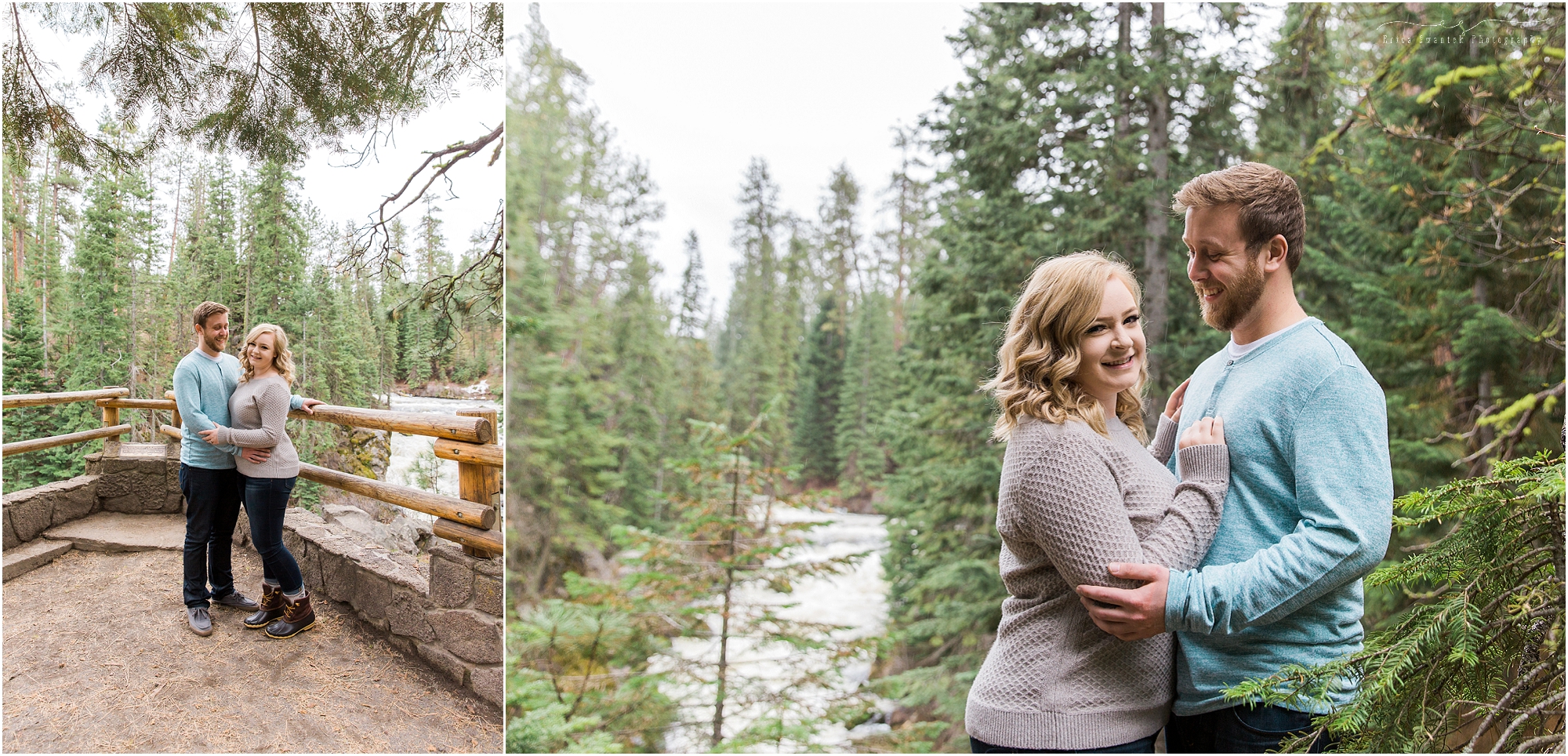 A gorgeous couple stands in front of Benham Falls for their Deschutes River spring engagement session in Bend, OR. 