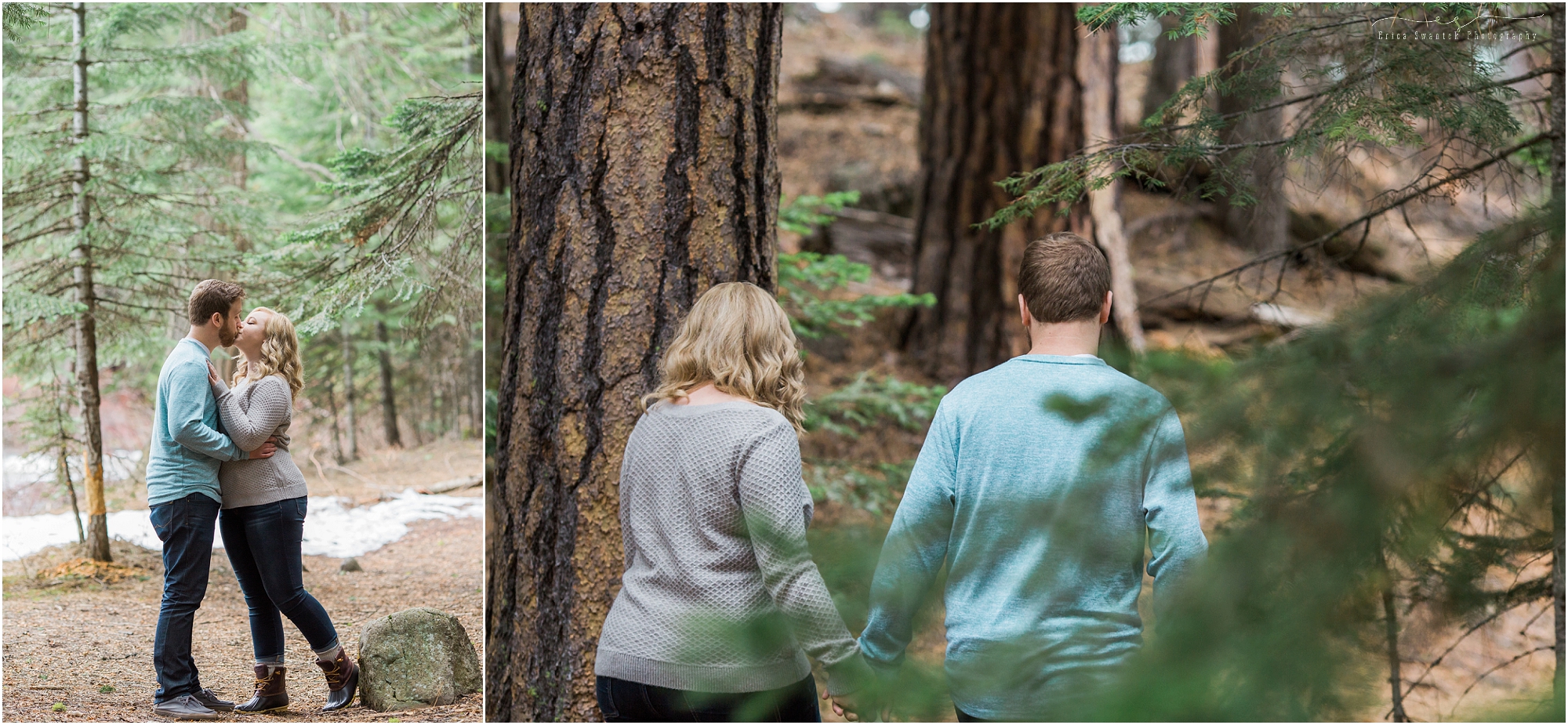 A cute couple walks hand in hand during their Deschutes River spring engagement session by Bend, OR wedding photographer Erica Swantek. 