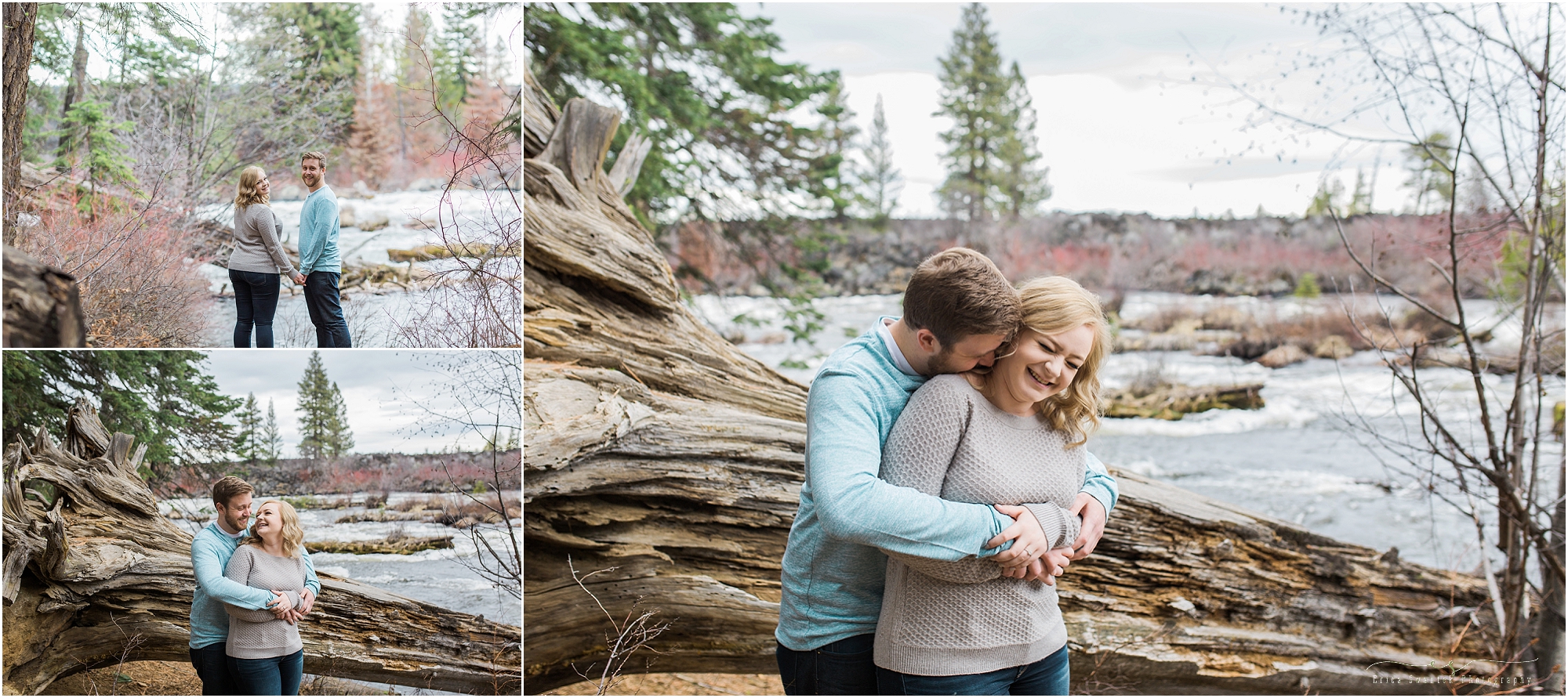 A sweet guy gives his bride-to-be a neck snuggle at their deschutes river spring engagement session in Bend, OR. 