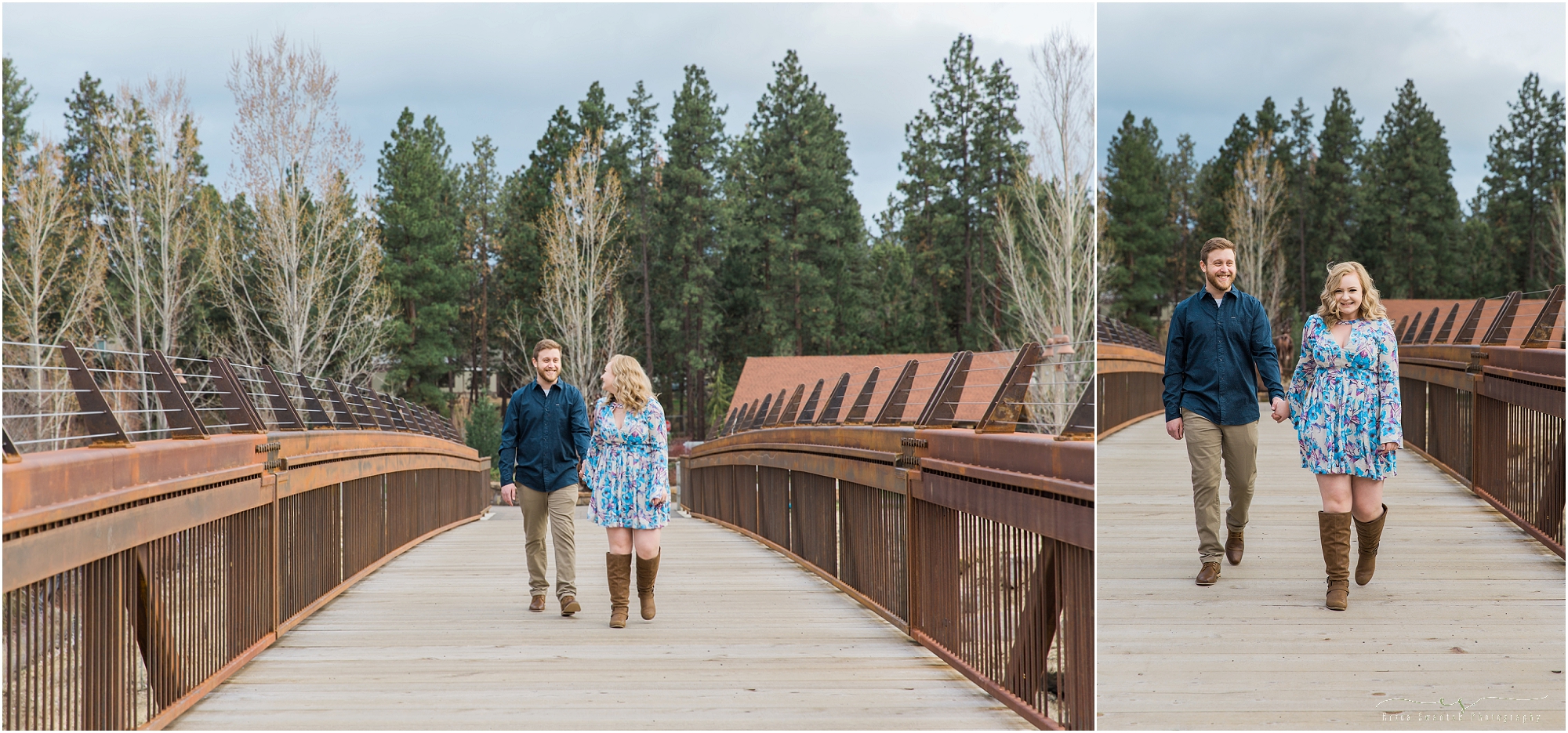 A happy couple walks hand in hand across the bridge spanning the river for this Deschutes River Spring engagement session near the Old Mill District in Bend, OR. 