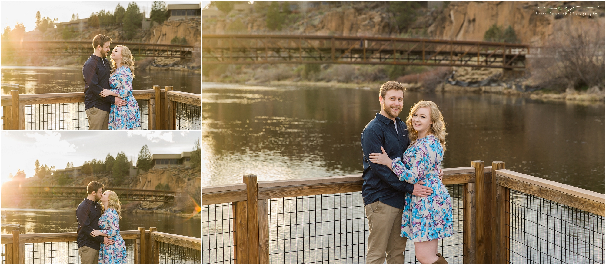 A gorgeous golden hour sunset for Bend Oregon wedding photographer Erica Swantek at this Deschutes River spring engagement session. 