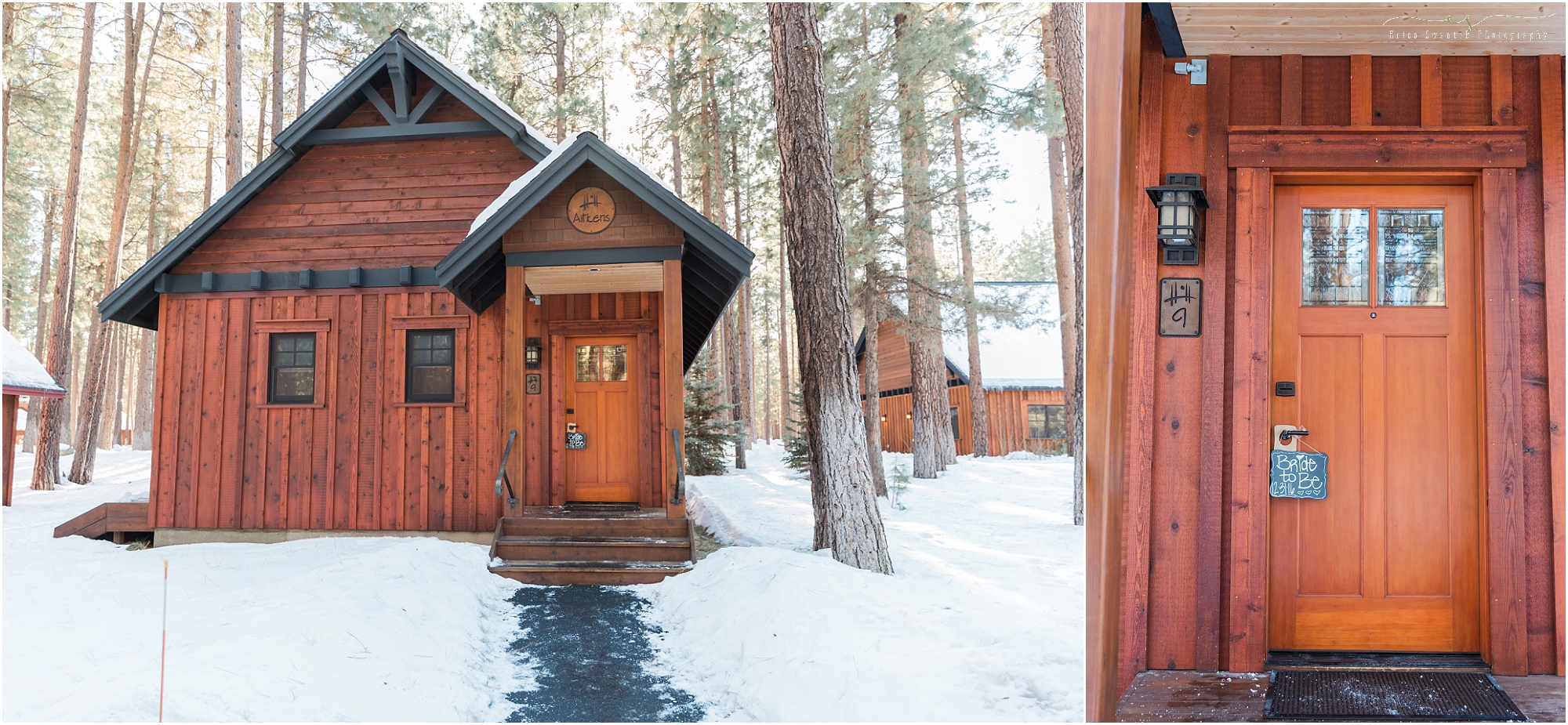 Gorgeous rustic cabins situated in the tall pines, blanketed with fresh snow, for this Sisters Oregon winter wedding at Five Pine Lodge. 