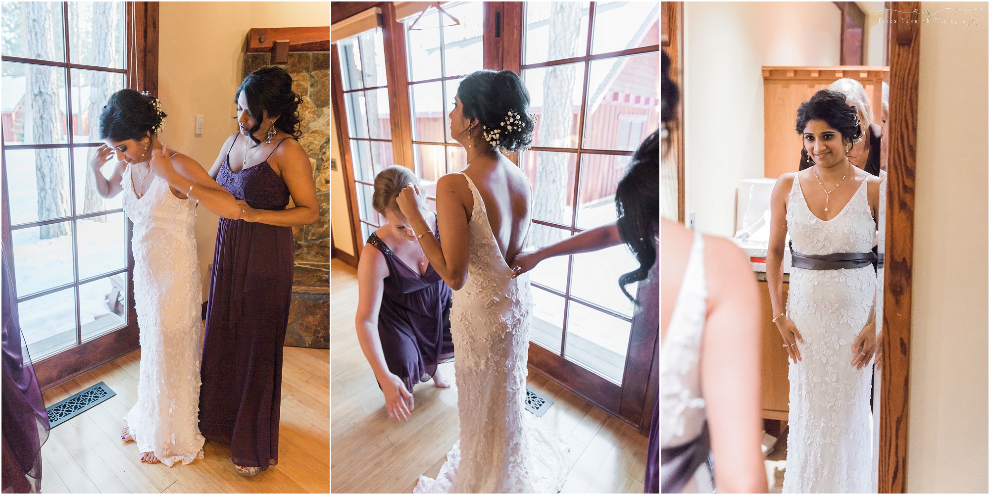 The bride slips on her handmade Lena Medoyeff gown for her winter wedding in Sisters, OR. 