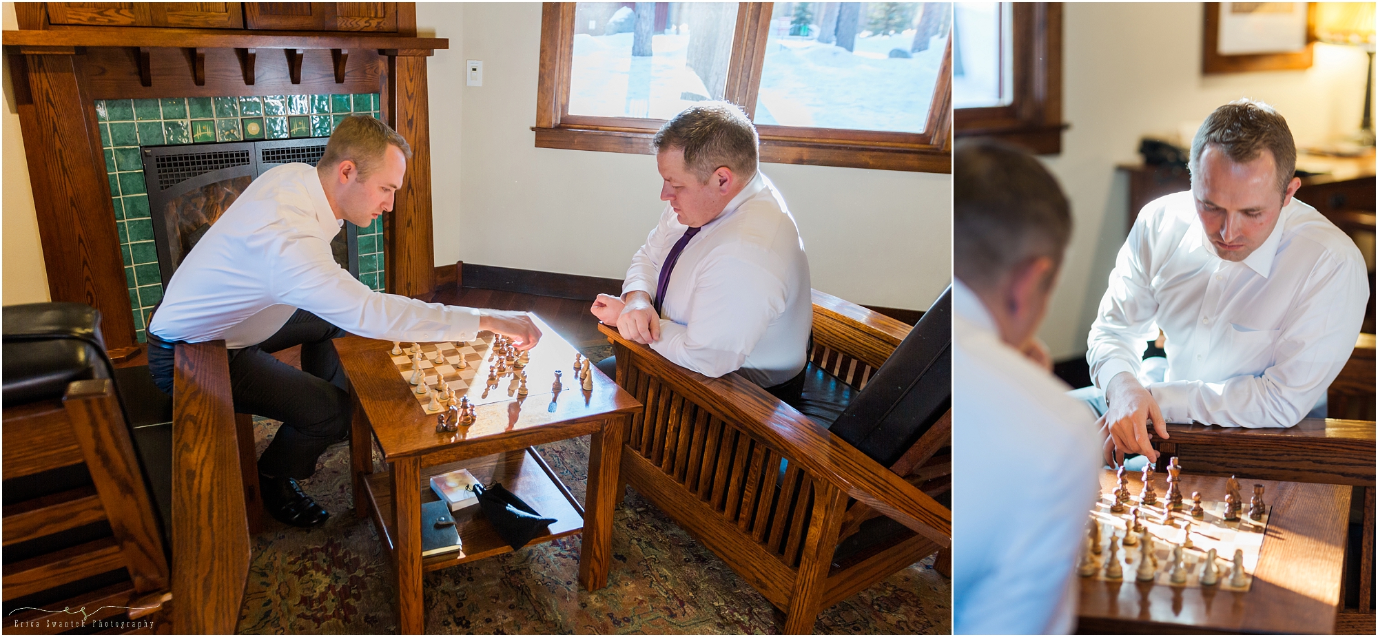 The groom and his best man play a game of chess in his cabin at Five Pine Lodge in Sisters, OR while he waits for the first look outside in the snow. 
