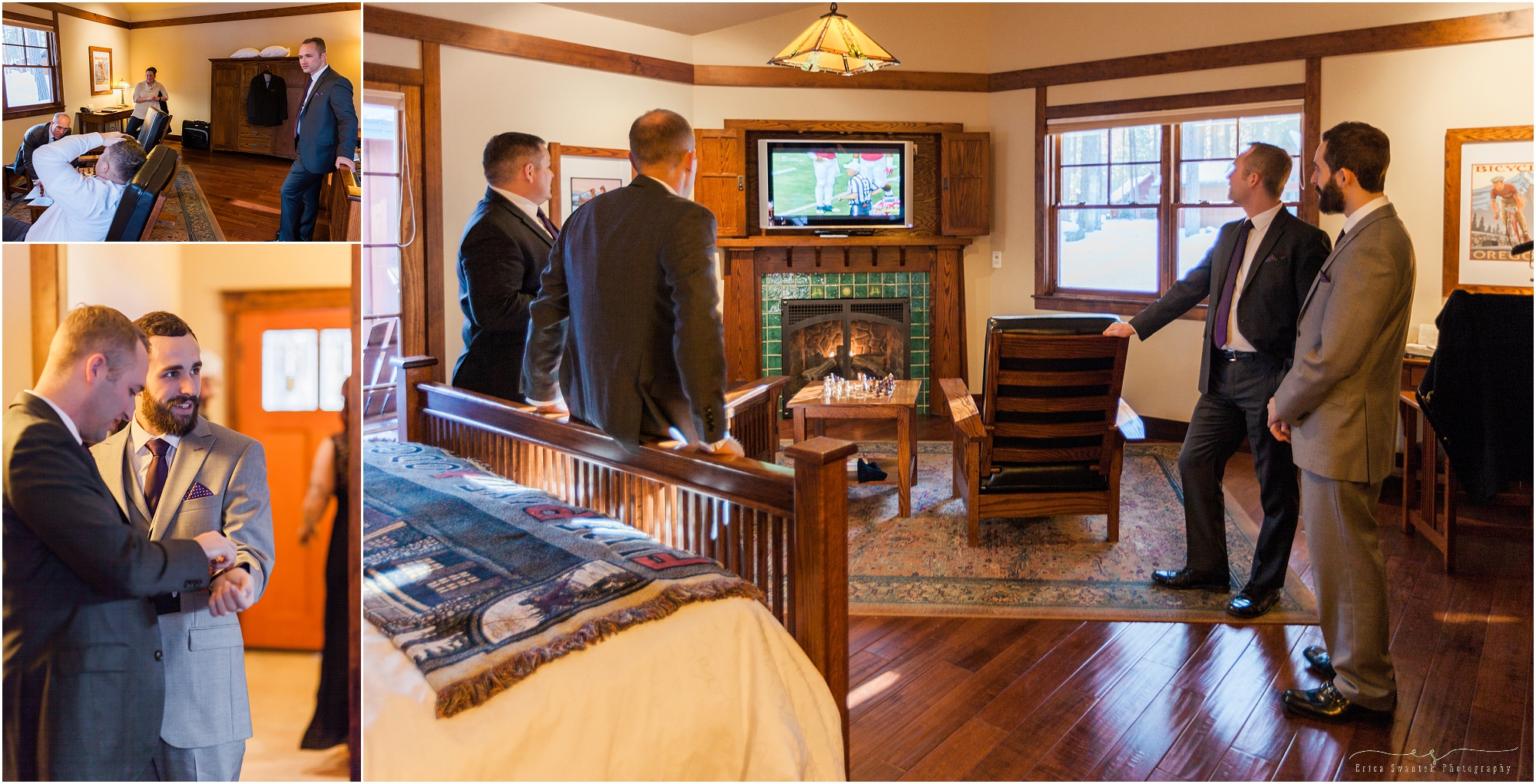 The groom and his groomsmen hang out in their cabin at Five Pine Lodge before an evening Sisters, OR winter wedding. 