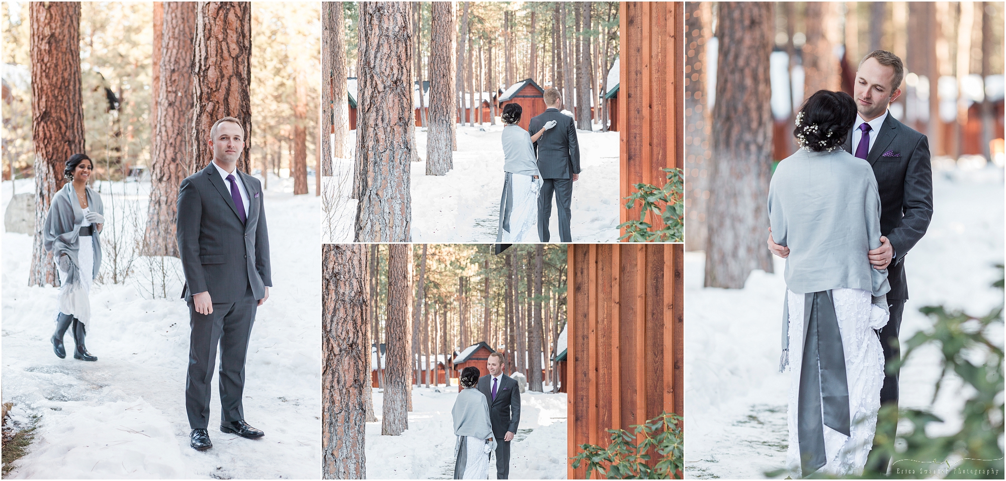 A couples first look, in the snow, at this Sisters Oregon winter wedding at Five Pine Lodge. 