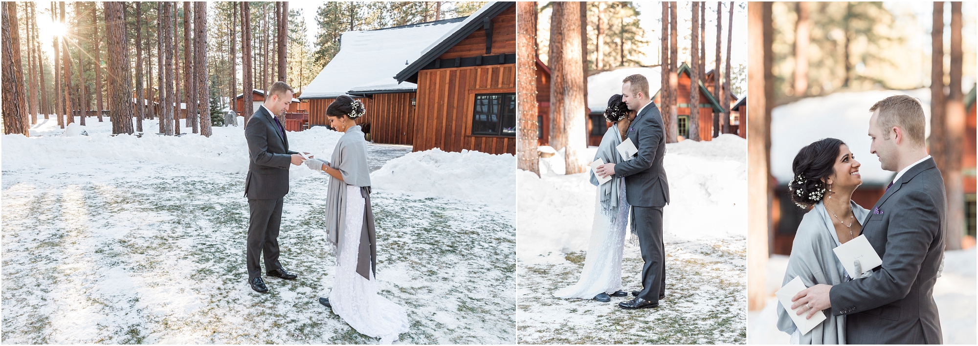 This sweet couple reads their handwritten notes to each other just after their first look at their Five Pine Lodge wedding captured by Erica Swantek Photography in Bend, OR. 