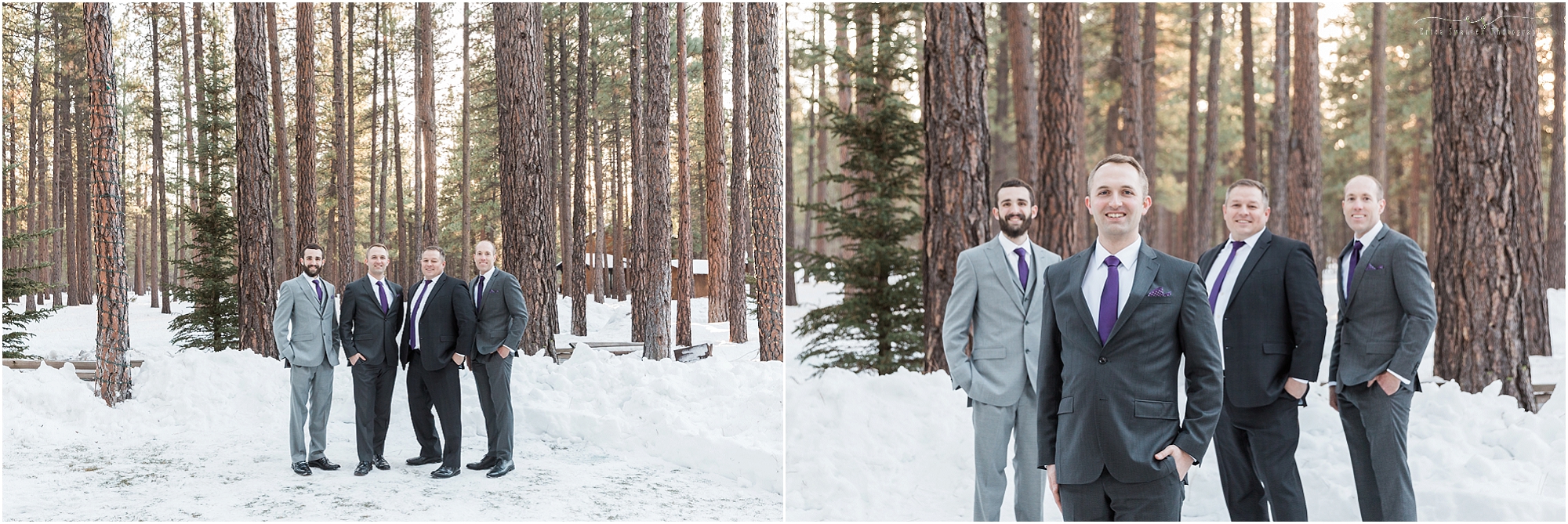 A handsome groom and his groomsmen in gray and plum, colors that look fabulous for this Sisters Oregon winter wedding! 