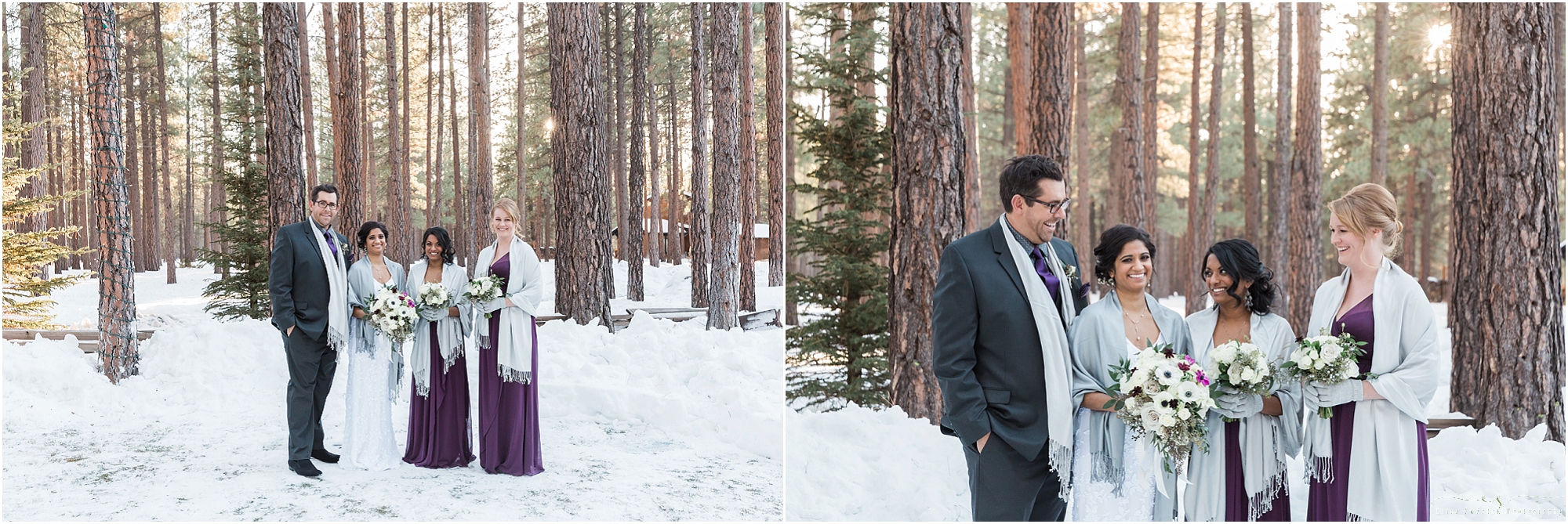 This gorgeous bridal party wearing plum and gray includes a man of honor for their Sisters Oregon winter wedding! 