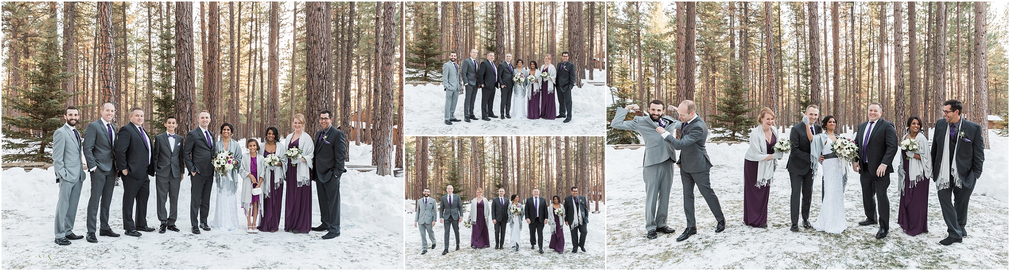 A stunning bridal party wearing plum and gray outside in the snow at Five Pine Lodge in Sisters, OR. 