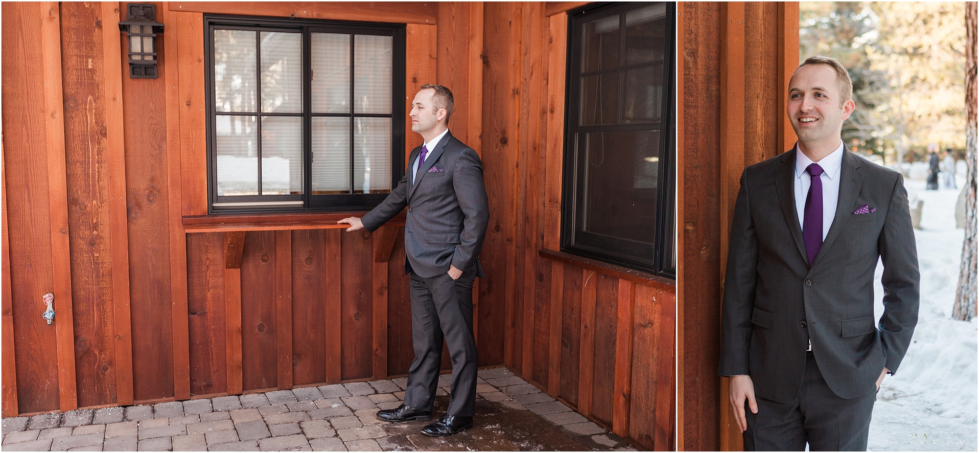 A groom waits in reflective contemplation for the first look with his bride at his Central Oregon lodge wedding. 
