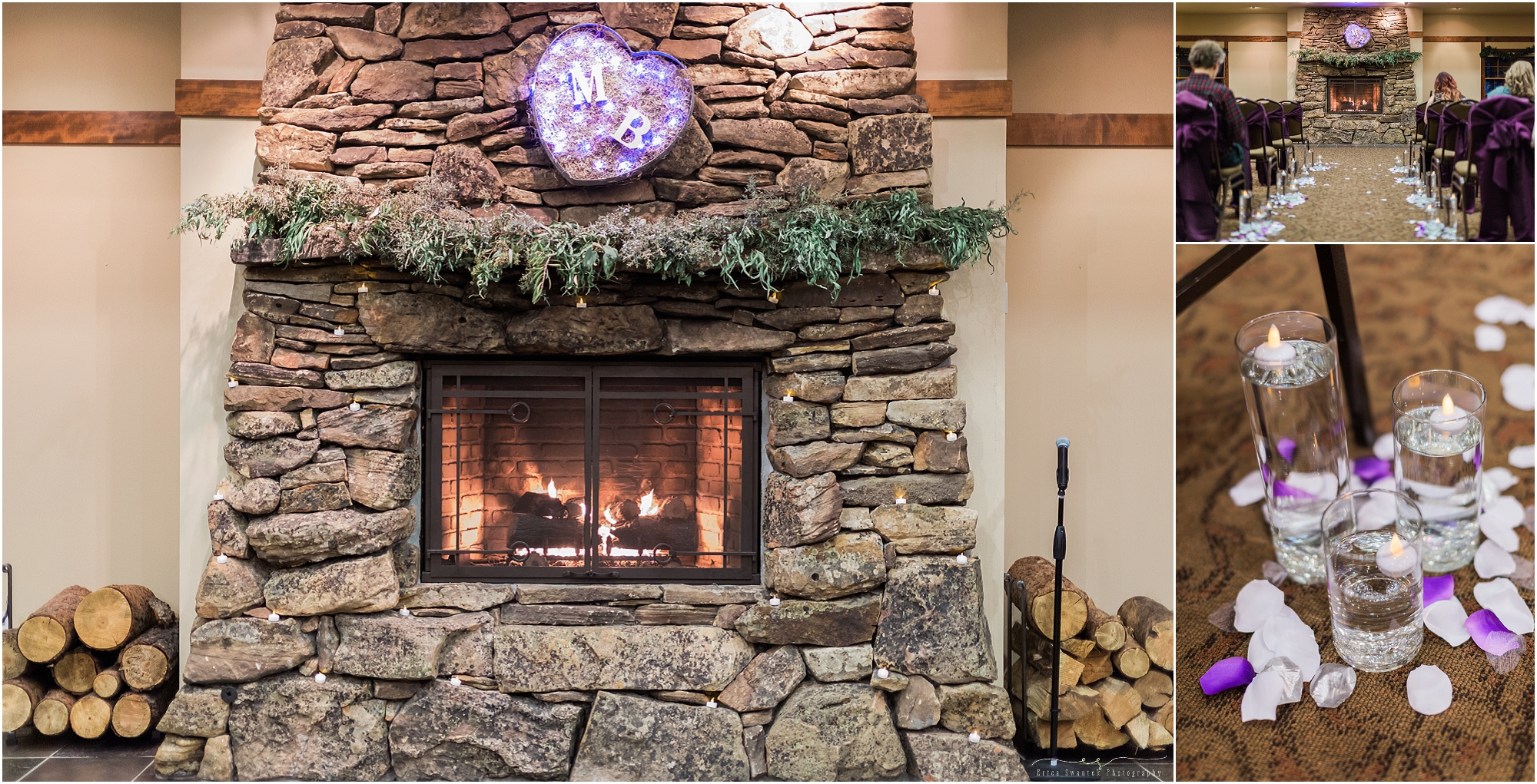A roaring fire provides a cozy backdrop for an intimate Sisters Oregon winter wedding ceremony on New Year's Eve! 