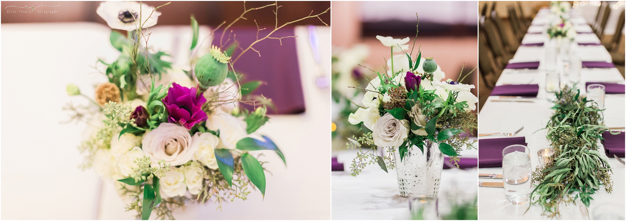 Gorgeous floral centerpieces decorate the tables at this Sisters Oregon winter wedding at Five Pine Lodge. 