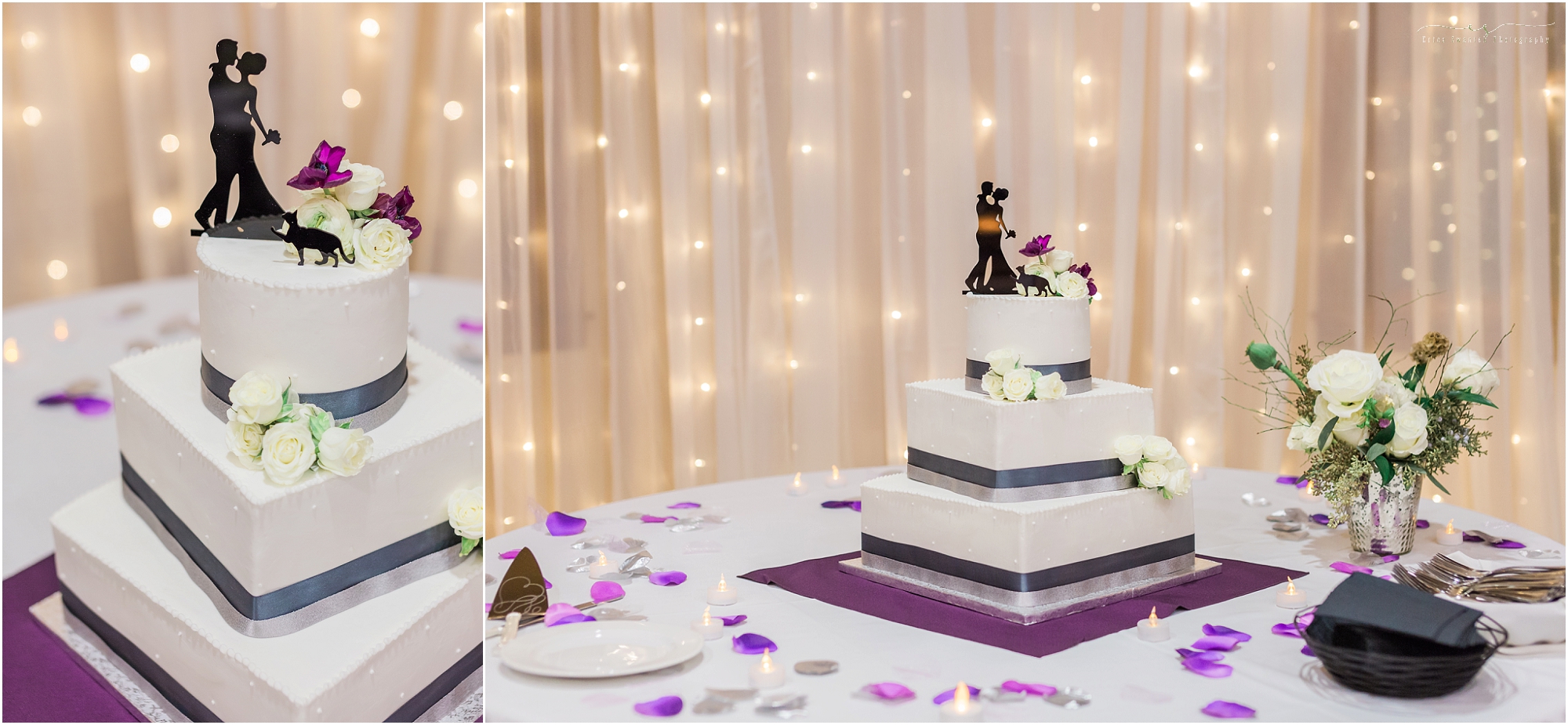 A beautiful 3 tiered cake complete with a cat topper for this fun New Year's Eve wedding at Five Pine Lodge in Sisters, OR. 
