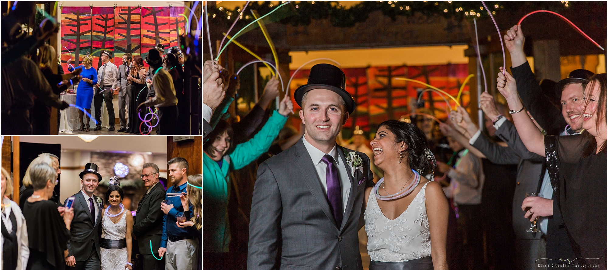 A fun glow stick exit for this Sisters Oregon winter wedding at Five Pine Lodge. 