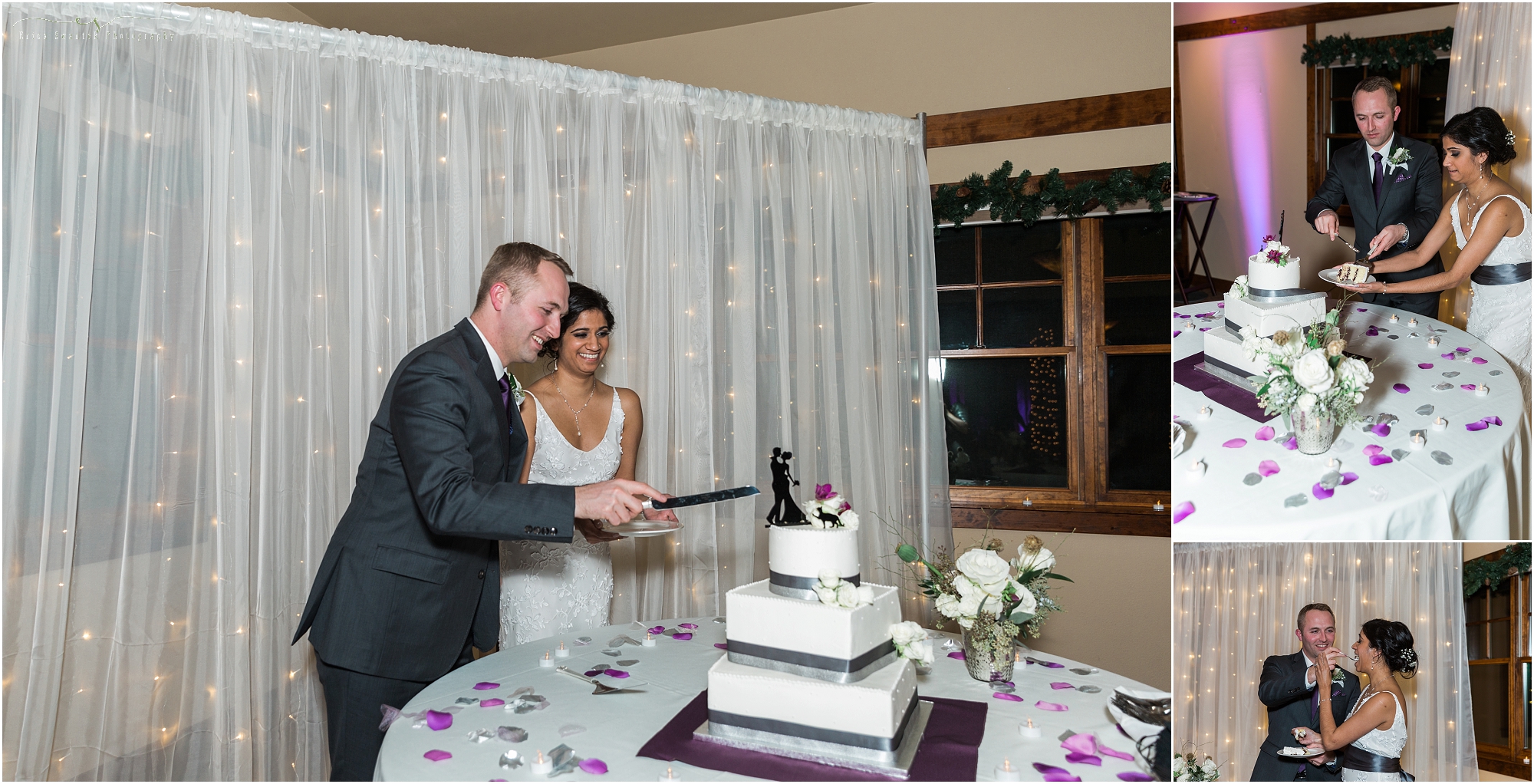 A couple cuts into their beautiful 3 tiered wedding cake created by The Cake Lady out of Bend, OR. 