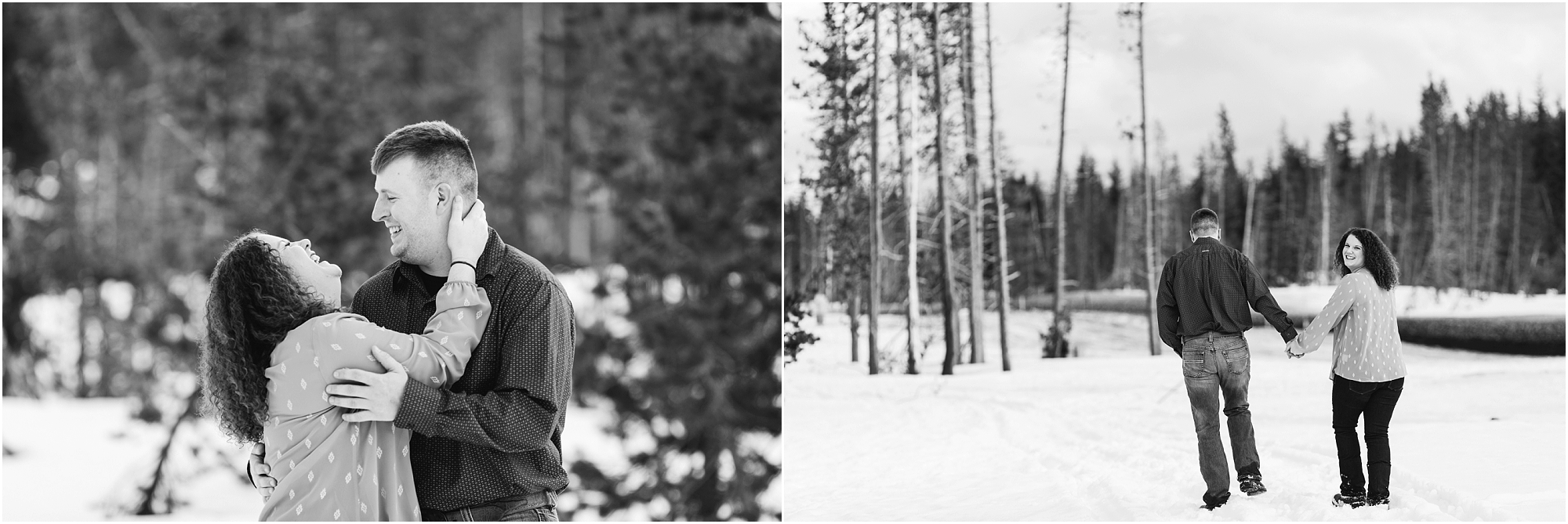 Timeless black and white images from a classic Bend Oregon engagement session at Dutchman Flat Sno Park. 