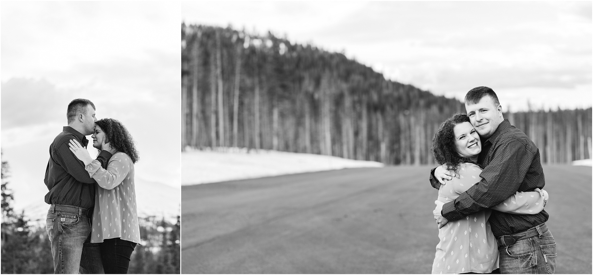Beautiful black and white photo from a classic Bend Oregon engagement session along the Cascade Lakes Highway. 