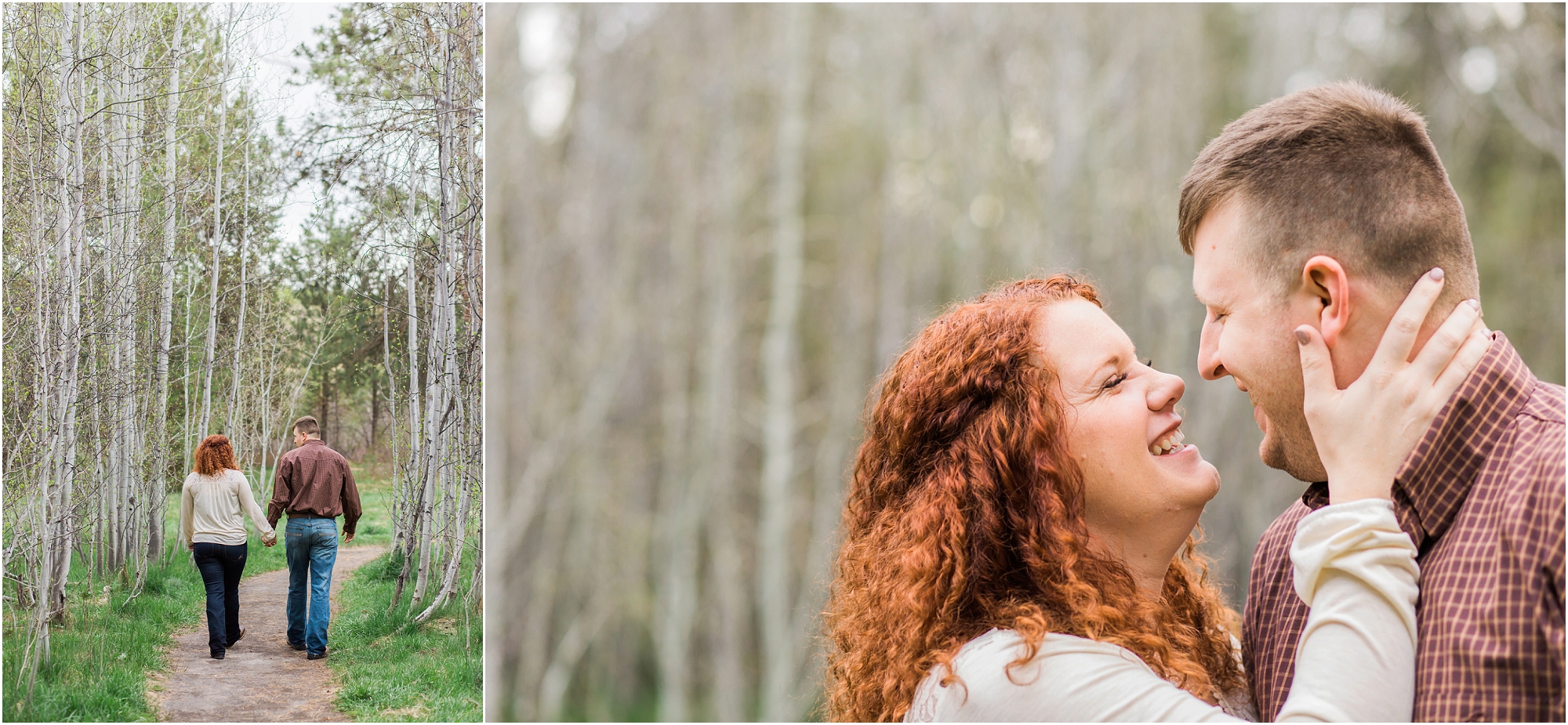 A gorgeous red headed bride really pops among the aspens at Shevlin park at this classic Bend Oregon engagement session. 