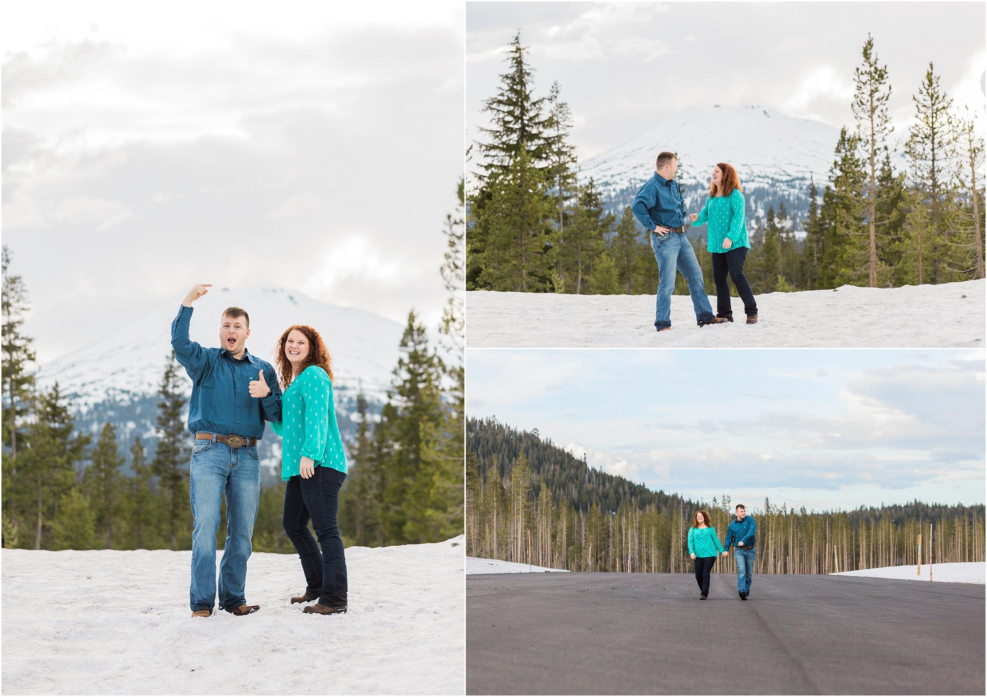 A goofy groom struts his stuff at his classic Bend Oregon engagement session near Mt. Bachelor. 