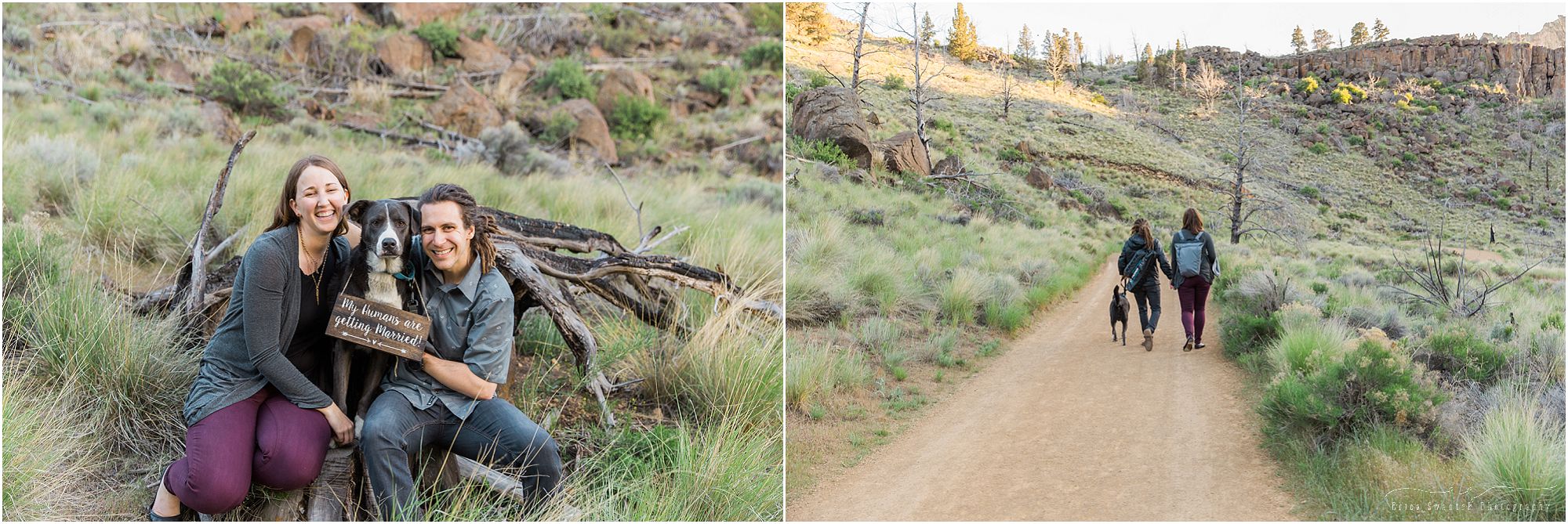 An engagement session at Smith Rock featuring a cute dog by Bend wedding photographer Erica Swantek. 