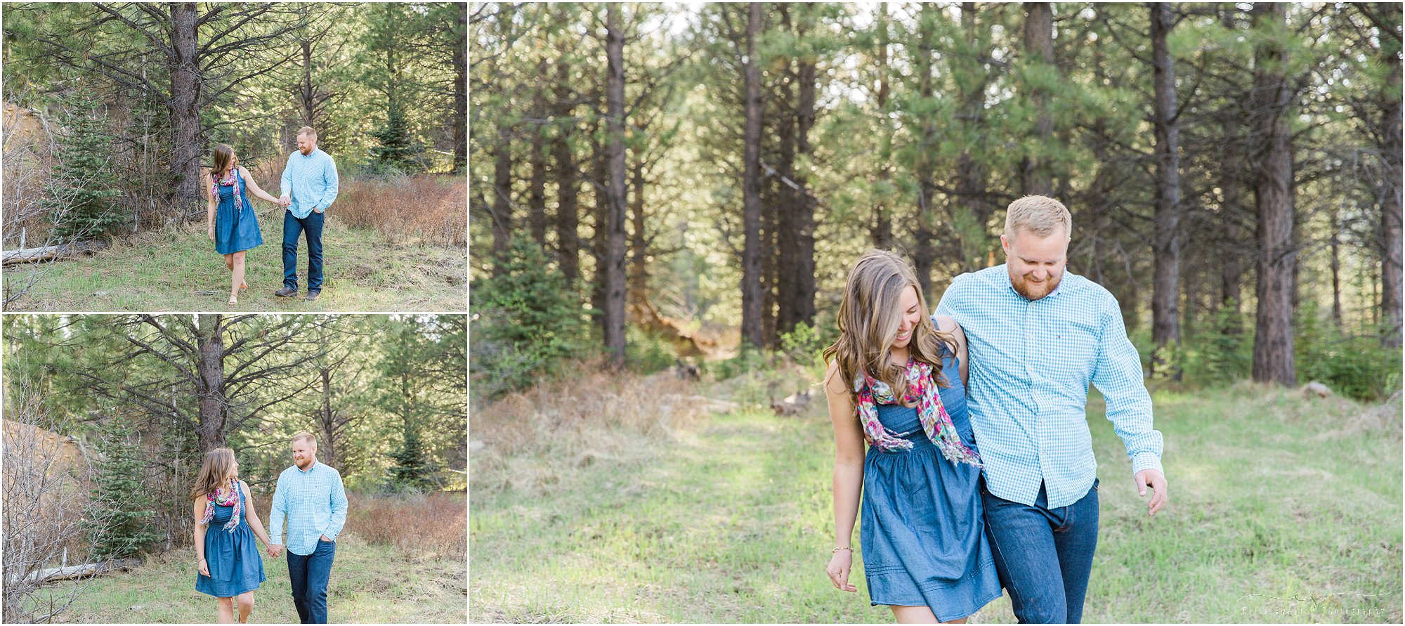 A happy couple walks hand in hand at their Tumalo Creek engagement session in Bend, Oregon. 