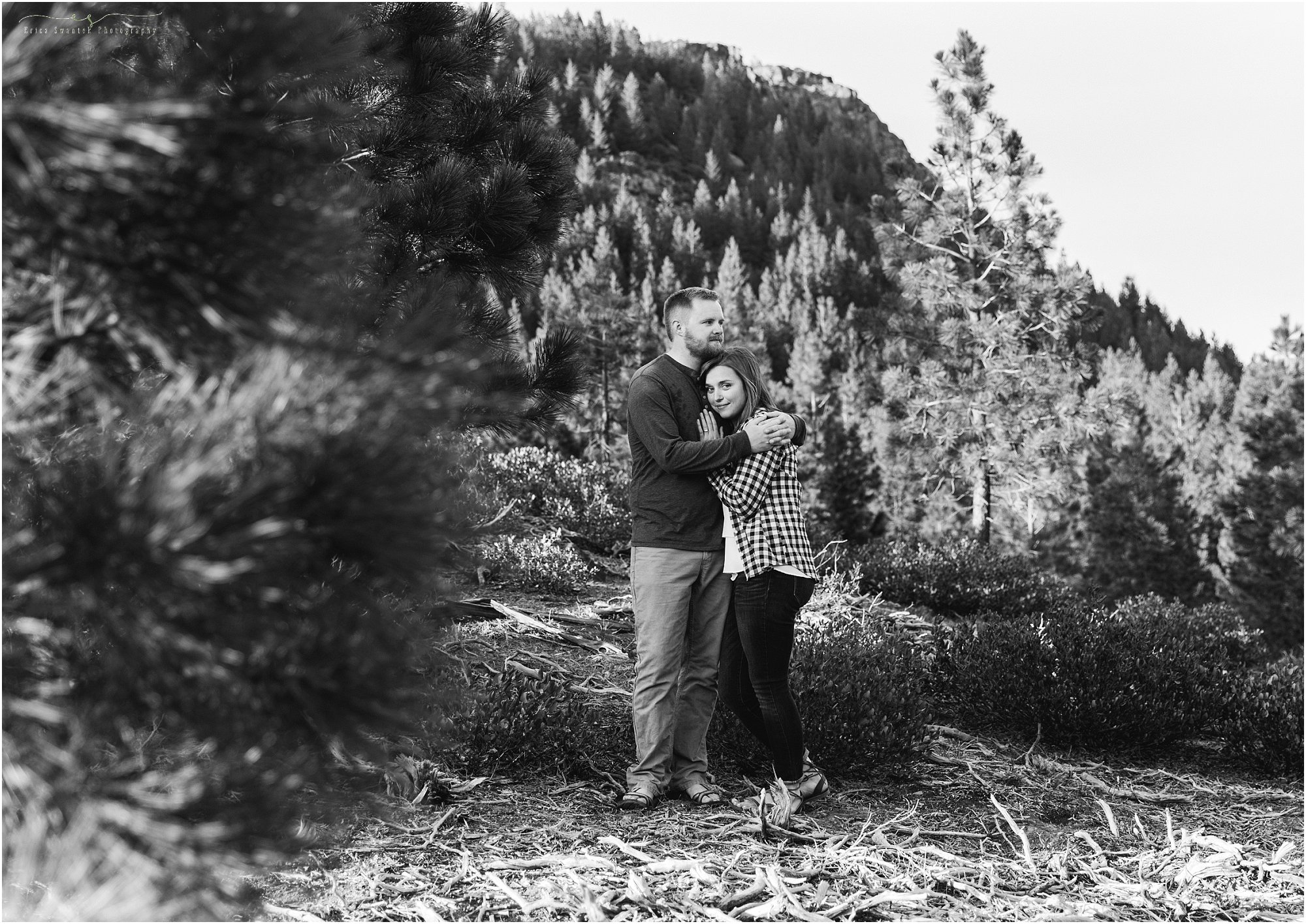 A classic black and white engagement photo by Bend Oregon wedding photographer Erica Swantek. 