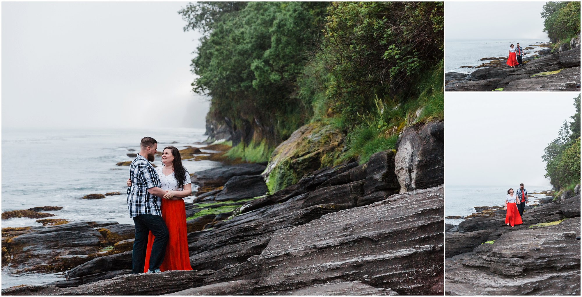 The greenery and rocky cliffs are a gorgeous backdrop for this Washington Coast engagement photo session. | Erica Swantek Photography