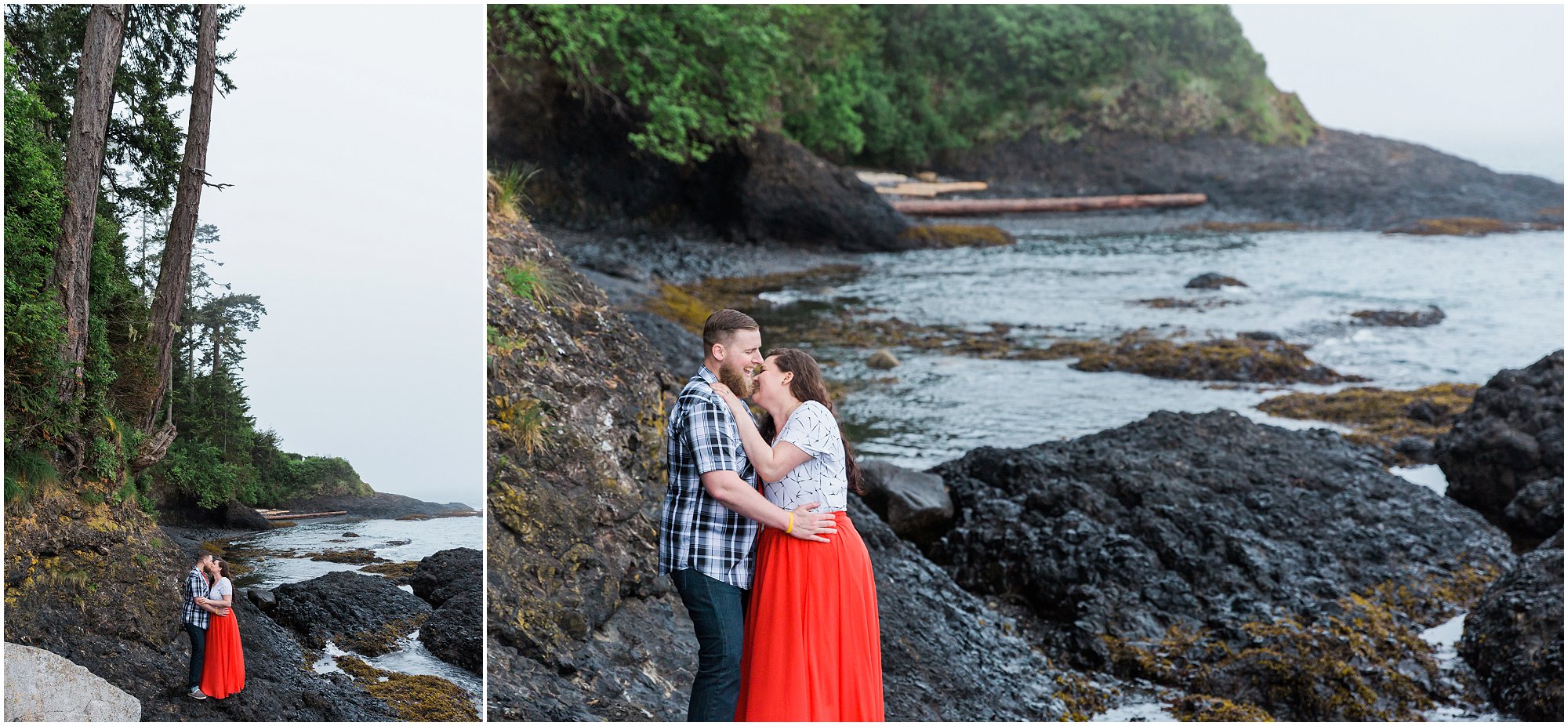 A perfect red flowy skirt pops against the greenery and foggy backdrop at this Washington Coast engagement photo session by Bend Oregon wedding photographer Erica Swantek. | Erica Swantek Photography