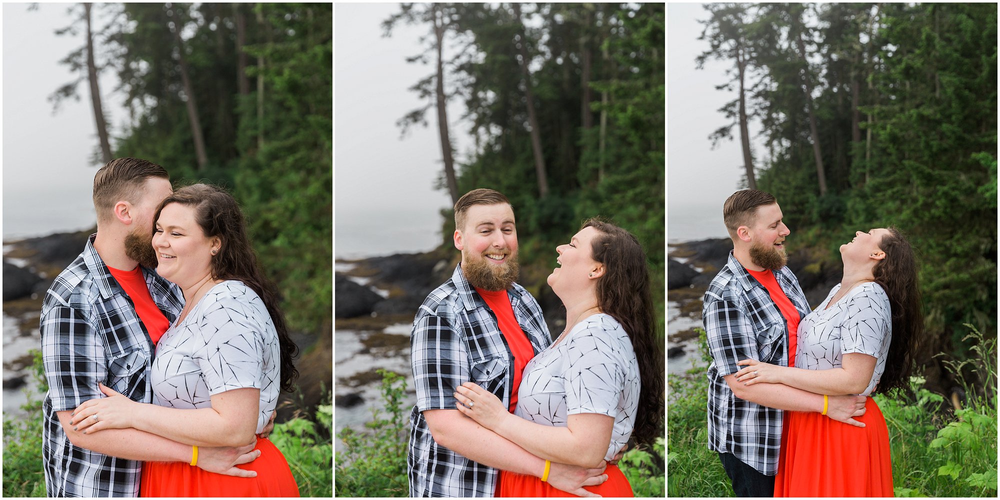 A couple has fun and laughs at their engagement photography session in Port Angeles, WA. | Erica Swantek Photography