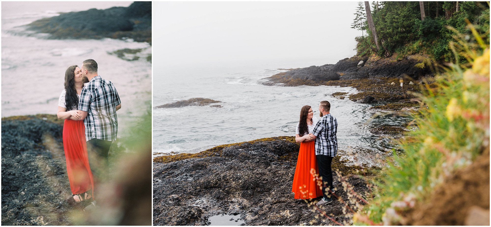 A gorgeous red skirt pops against the gray, foggy skies at this Washington Coast engagement session. | Erica Swantek Photography