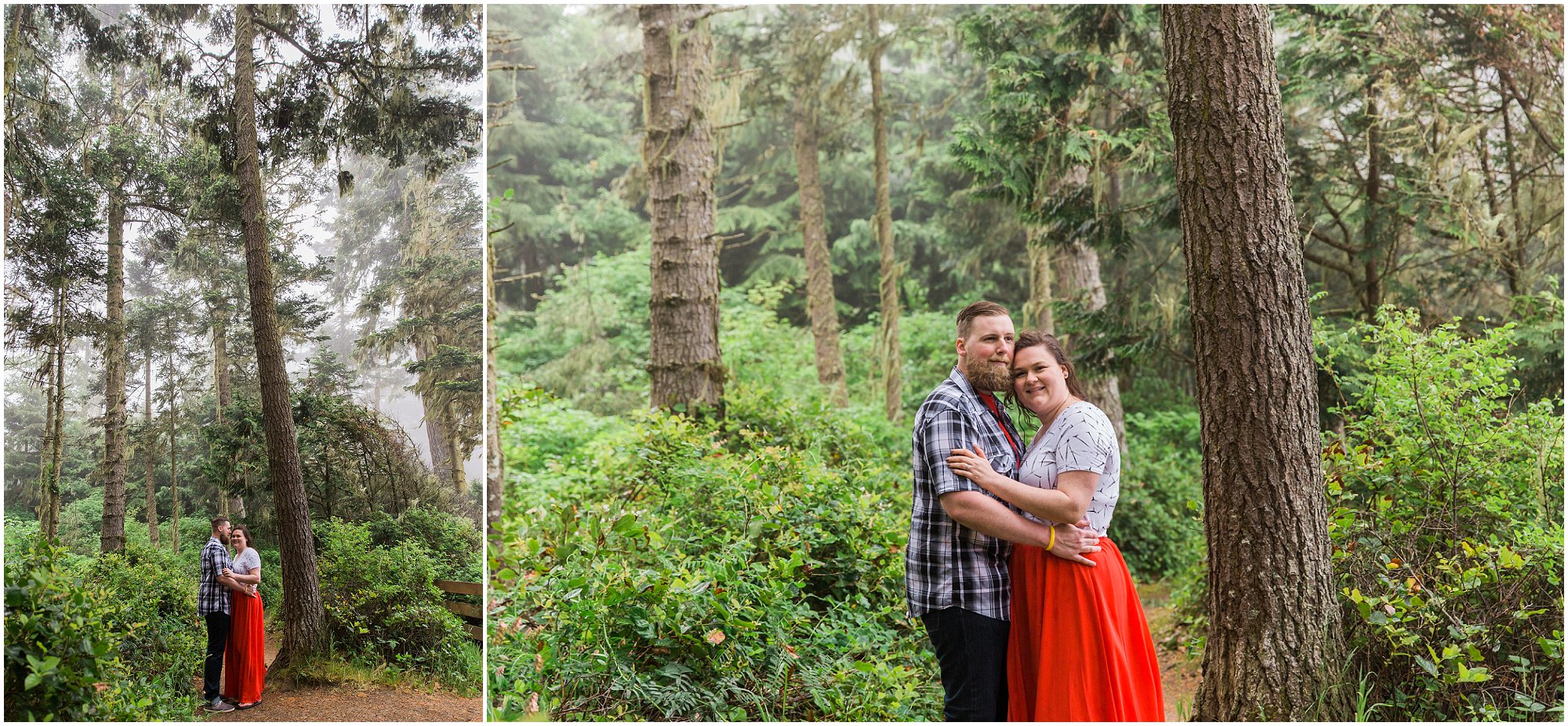 Gorgeous ferns, big trees, and mossy ground cover dot the landscape in the Washington rainforest at this WA Coast adventure session by Oregon elopement photographer Erica Swantek Photography. 