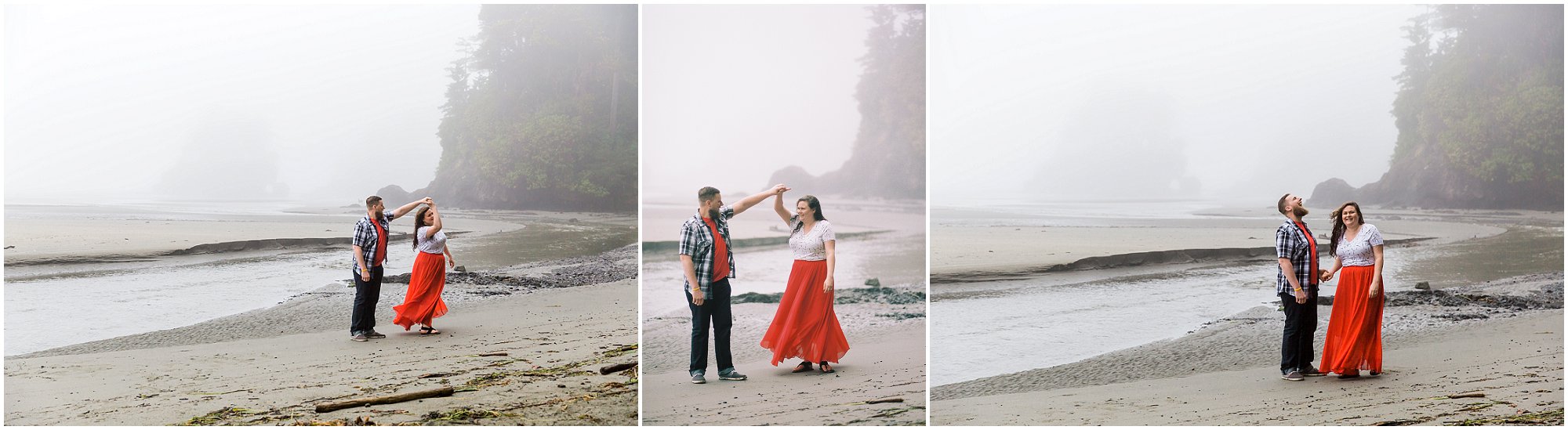 An adorable couple dances in the sand and fog at their Washington Coast engagement photo session by Bend Oregon wedding photographer Erica Swantek Photography. 