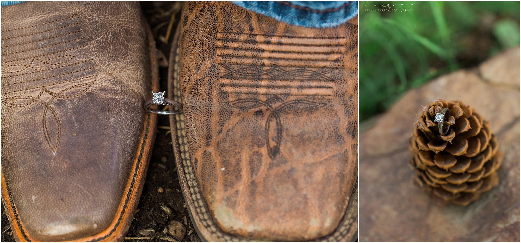 A gorgeous engagement ring sits between the cowboy boots of this outdoor lovers engagement session in Prineville, OR. | Erica Swantek Photography
