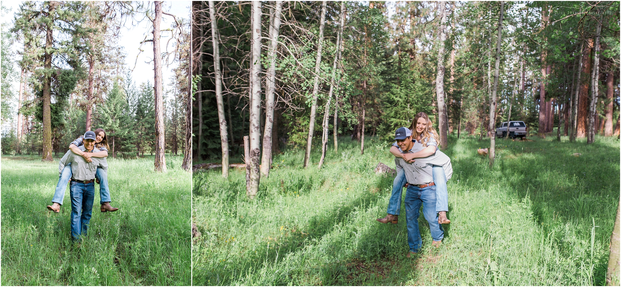 A gorgeous Oregon outdoor adventure engagement session in which the bride-to-be receives a piggyback ride from her beau! | Erica Swantek Photography