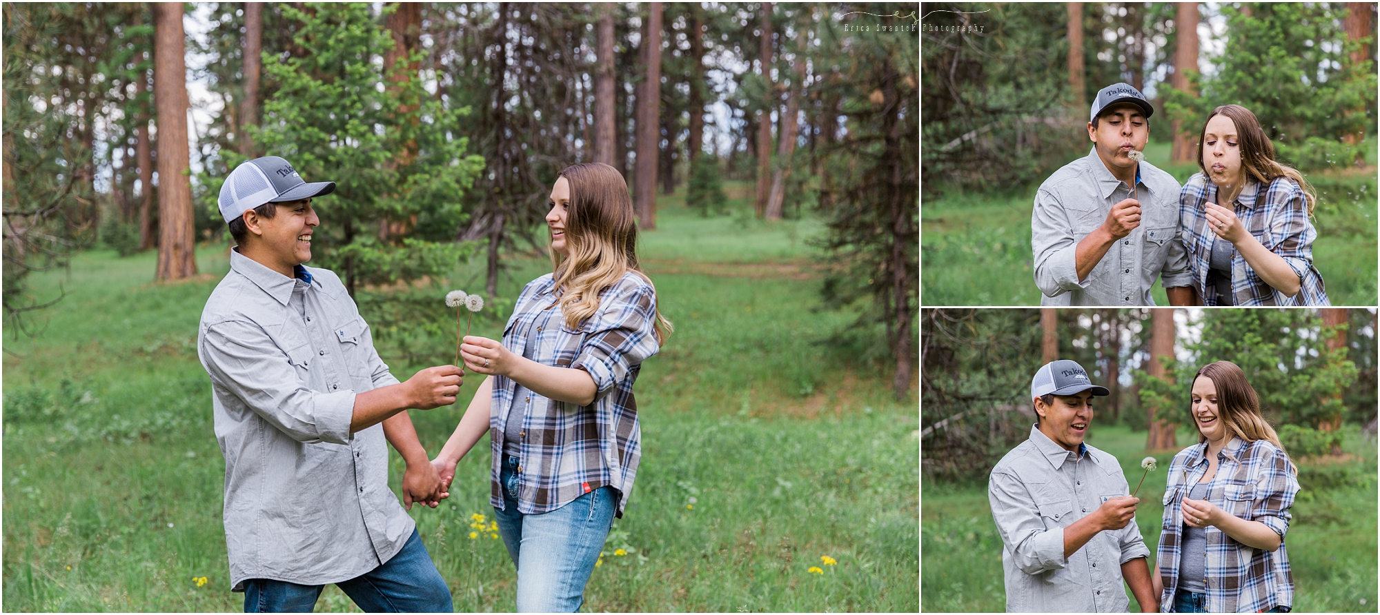 An outdoor loving couple makes a dandelion wish at their campfire themed engagement photo session near Bend, Oregon. | Erica Swantek Photography