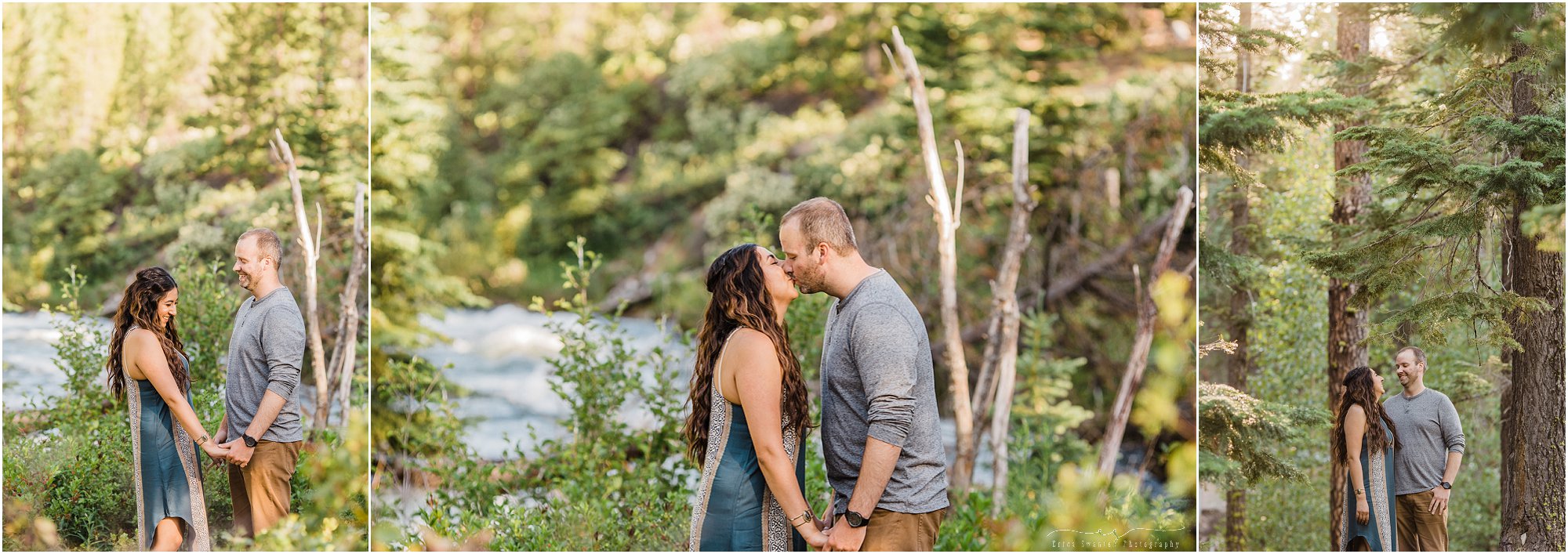 Gorgeous light filtering through tall pine trees during a Tumalo Falls engagement photos session in Bend, OR. | Erica Swantek Photography