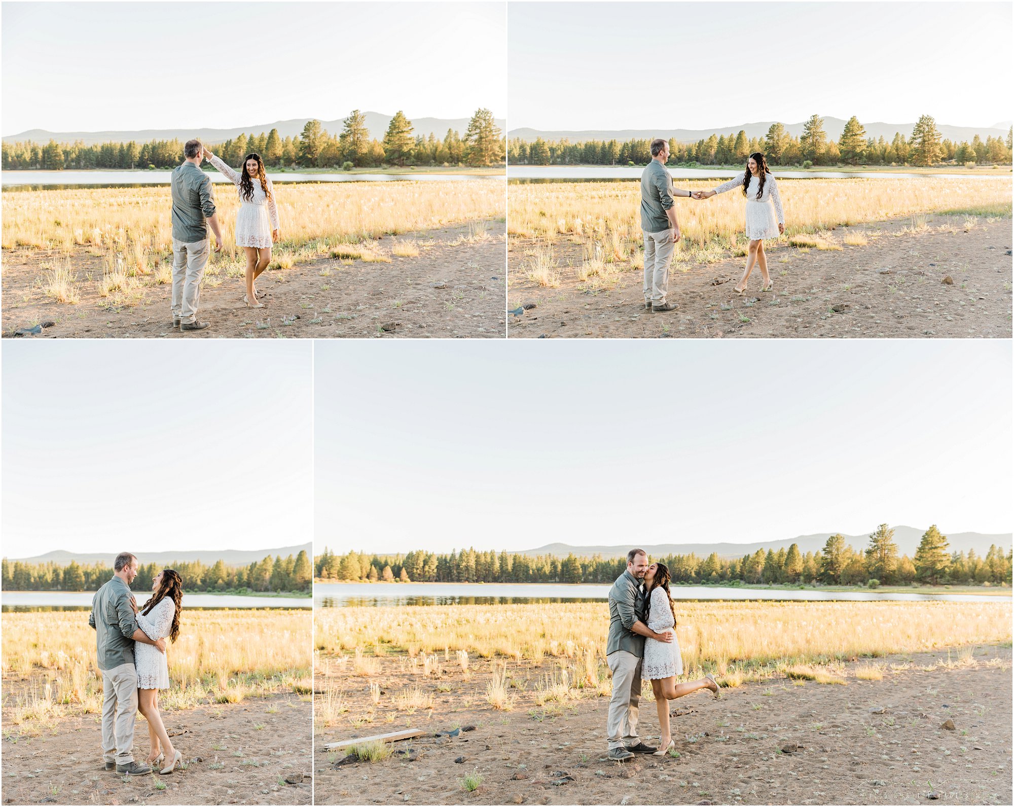 A beautiful couple practices their first dance for their Tumalo Falls engagement photos near Bend, OR. | Erica Swantek Photography
