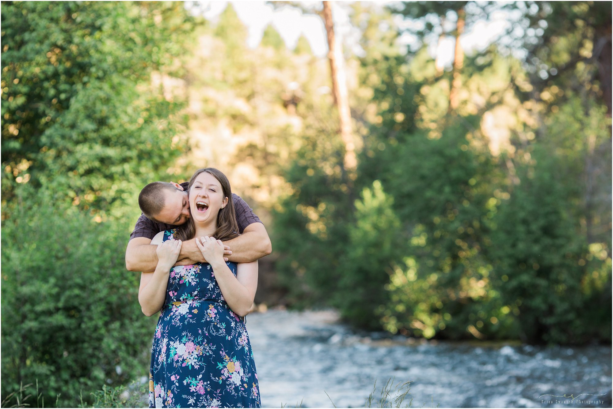 A sweet laughing couple at their Shevlin Park Cascade Mountain engagement photography session near Bend, OR. | Erica Swantek Photography