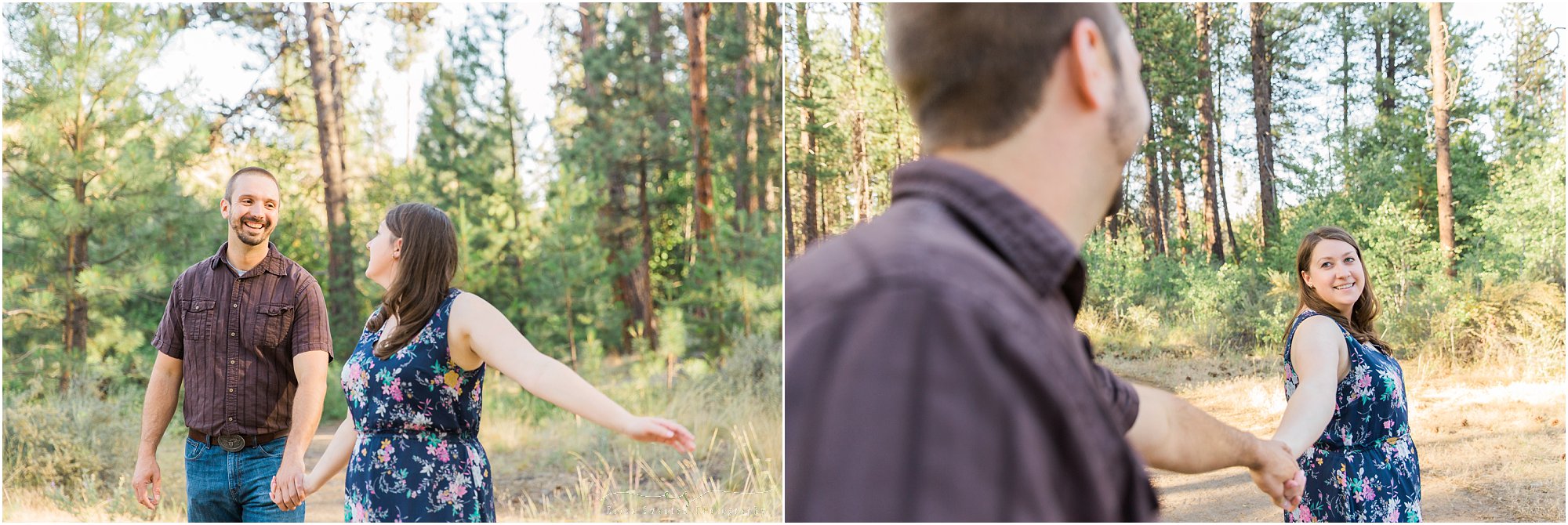 A sweet couple holds hands at their Shevlin Park engagement photo session by Bend wedding photographer Erica Swantek Photography. 