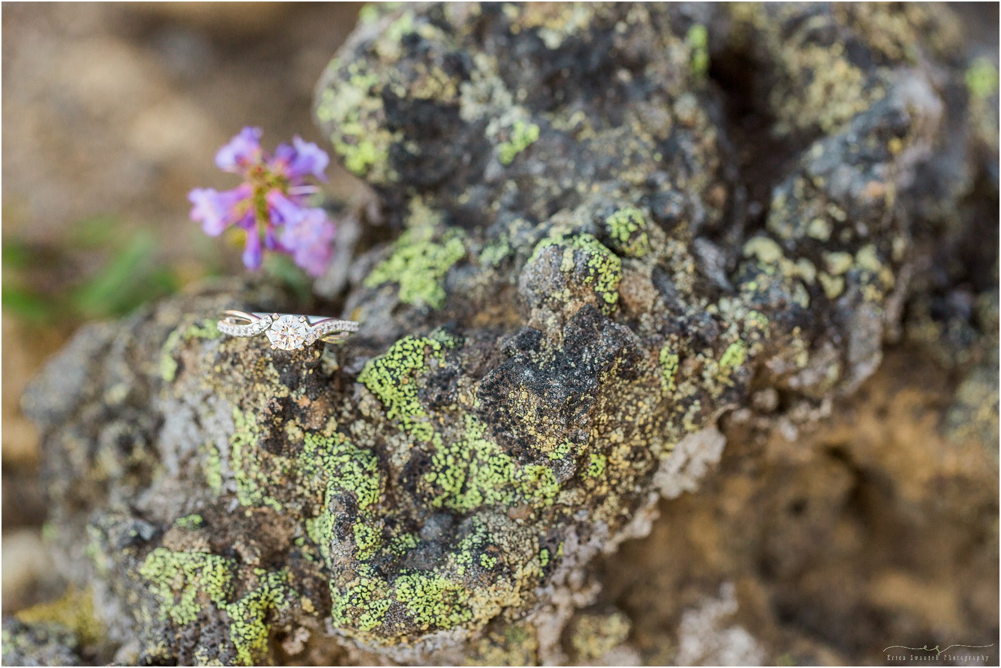 A gorgeous engagement ring sits atop a mossy covered rock at this Cascade Mountain engagement photography session by Bend wedding photographer Erica Swantek Photography.