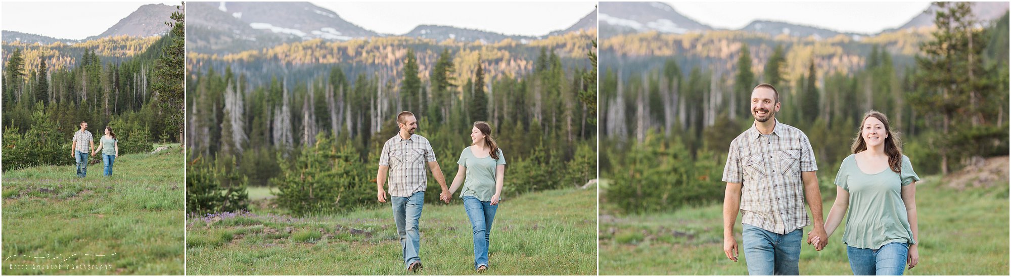 A couple strolls through a gorgeous meadow for their mountain engagement photos near Bend, OR. | Erica Swantek Photography