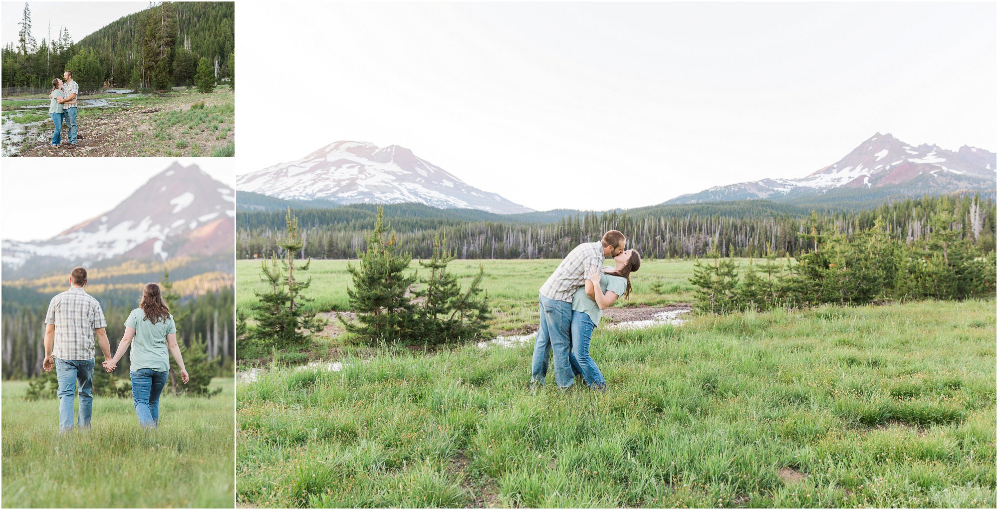 A cute groom to be dips his fiance at their Bend Oregon engagement photo session in the Cascade mountains. | Erica Swantek Photography