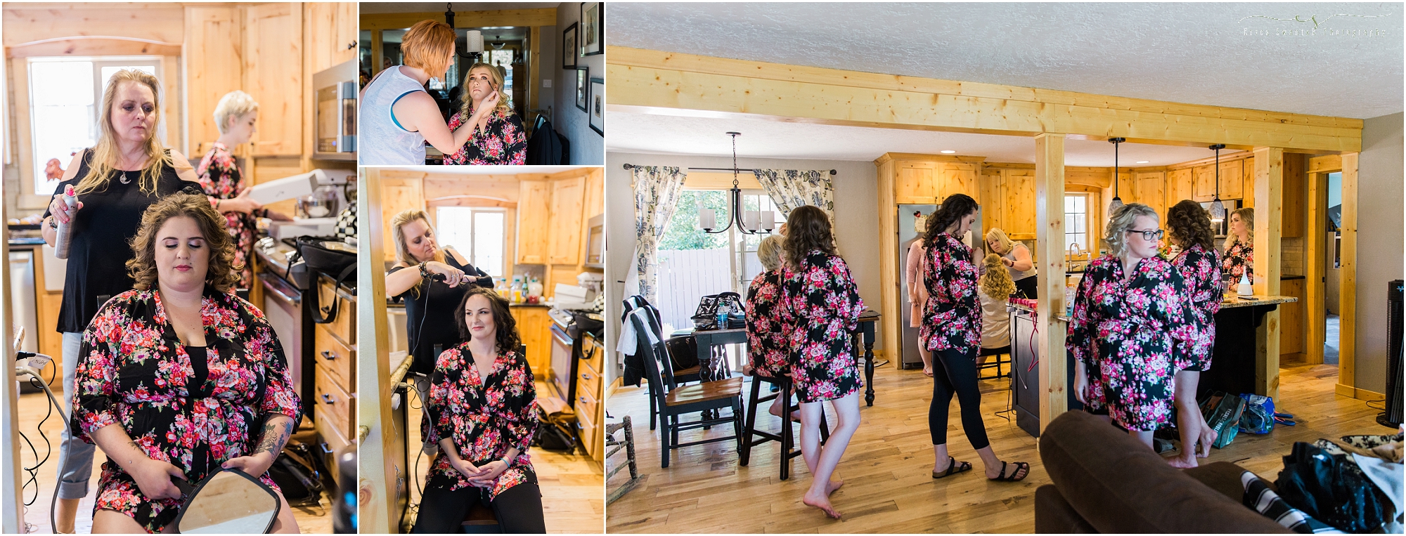 A bride and her bridesmaids get ready in her family home in Bend, OR. | Erica Swantek Photography