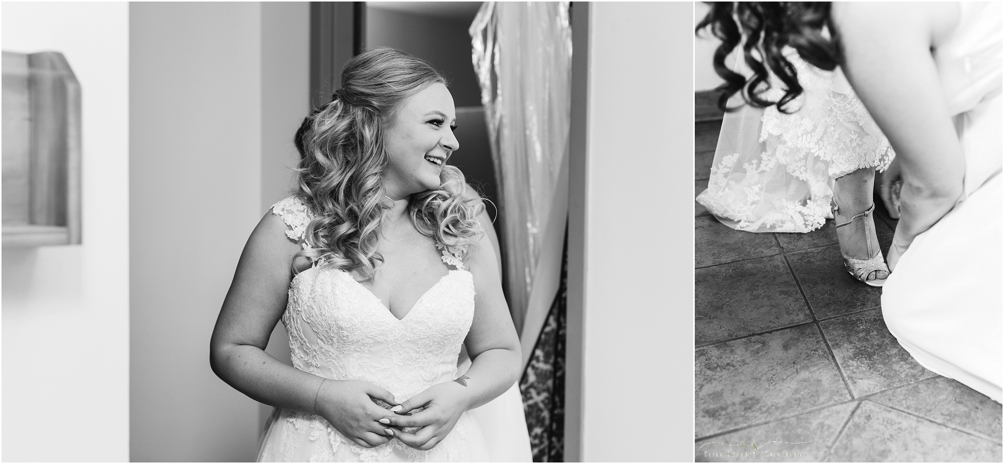 A bride, in timeless black and white as she puts on her gown and slips on her shoes, by Bend wedding photographer Erica Swantek Photography. 