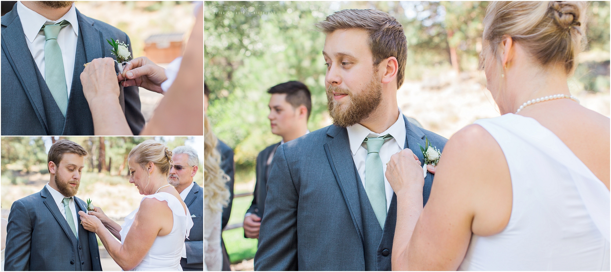 A groom's mother pins his lovely boutonneire created by Summer Robbins Flowers in Bend, OR. | Erica Swantek Photography
