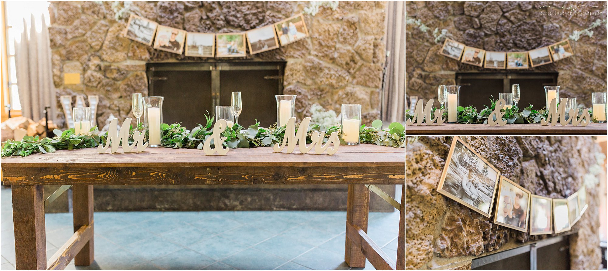 A sweetheart farm table in front of the amazing hearth at Aspen Hall in Bend, Oregon adds to the vintage rustic chic Bend wedding theme. | Erica Swantek Photography