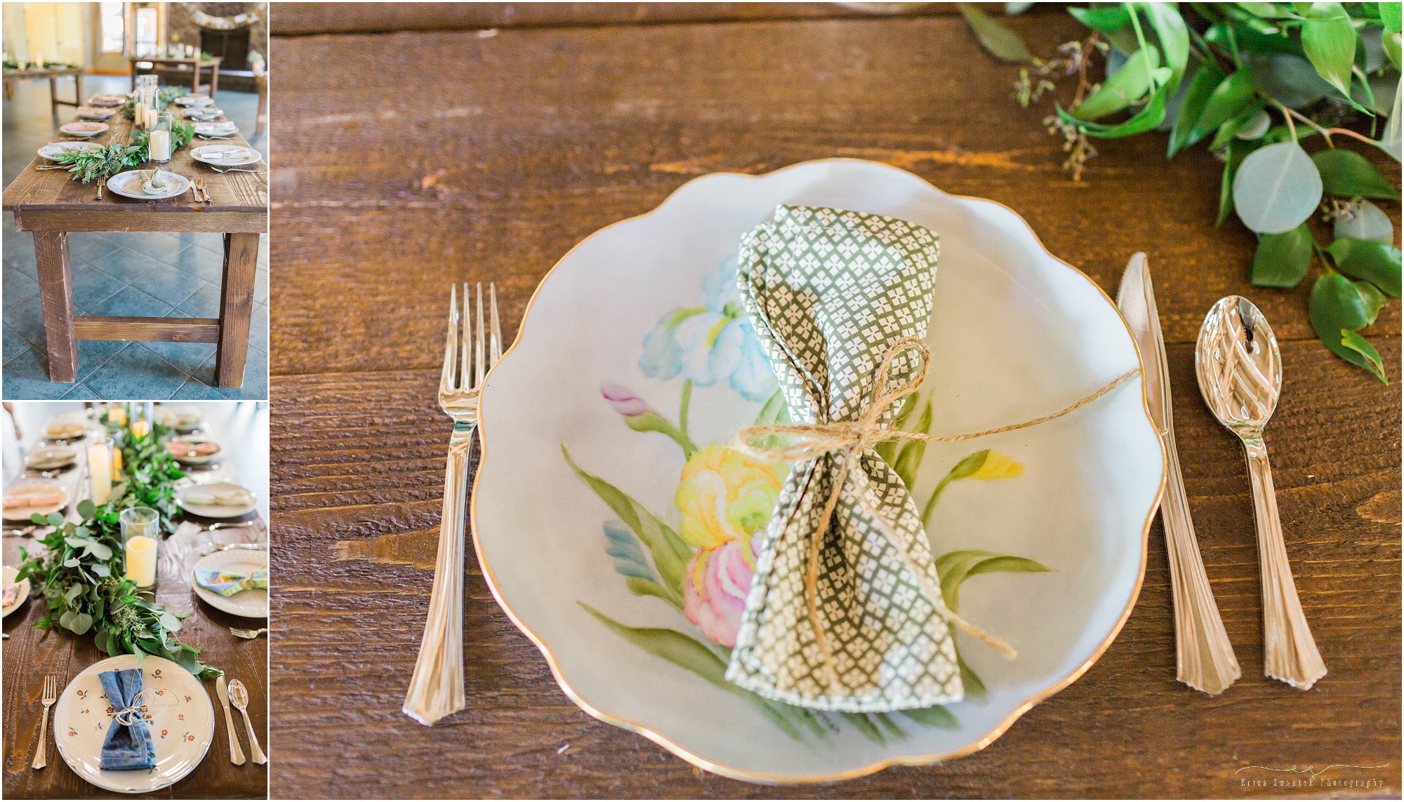 Farmhouse tables provide the rustic feel, while the china and linens lend to the vintage look at Aspen Hall in Bend, Oregon. | Erica Swantek Photography
