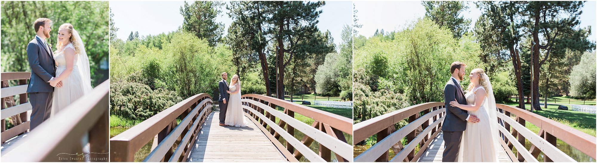 A wedding couple poses on the bridge over Shevlin Pond at Aspen Hall, captured by Bend wedding photographer Erica Swantek Photography. 